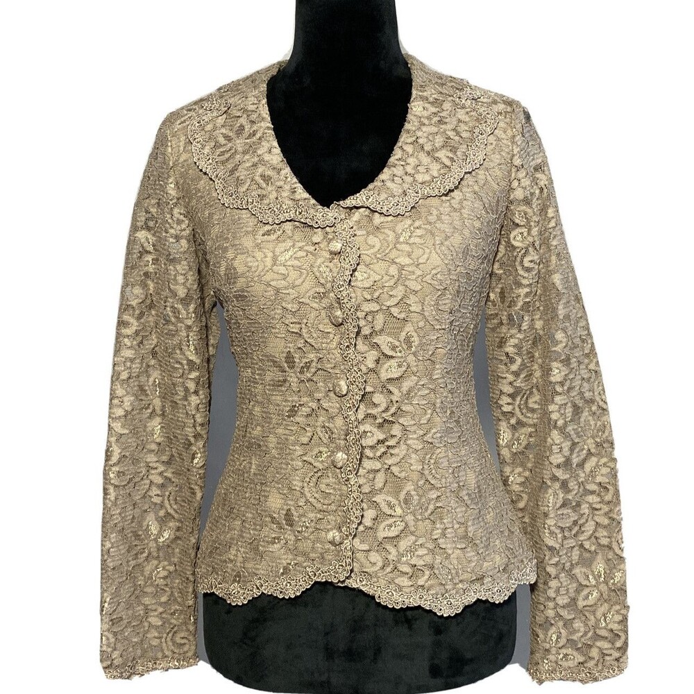 Talbots Top 6 Khaki Beige Lace Long Sl Button Down Blouse Fitted Collar Nylon